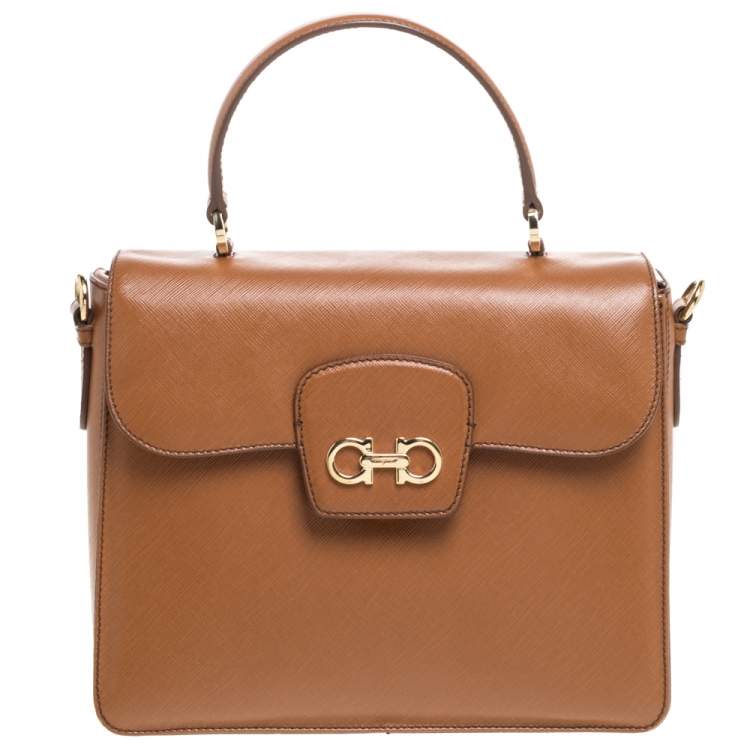 Pre Owned Salvatore Ferragamo Tan Leather Double Gancio Top Handle Bag