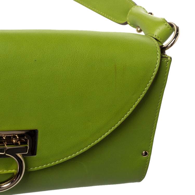 Pre Owned Salvatore Ferragamo Green Leather Gancini Flap Shoulder Bag