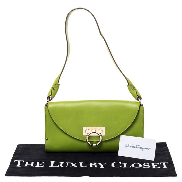 Pre Owned Salvatore Ferragamo Green Leather Gancini Flap Shoulder Bag
