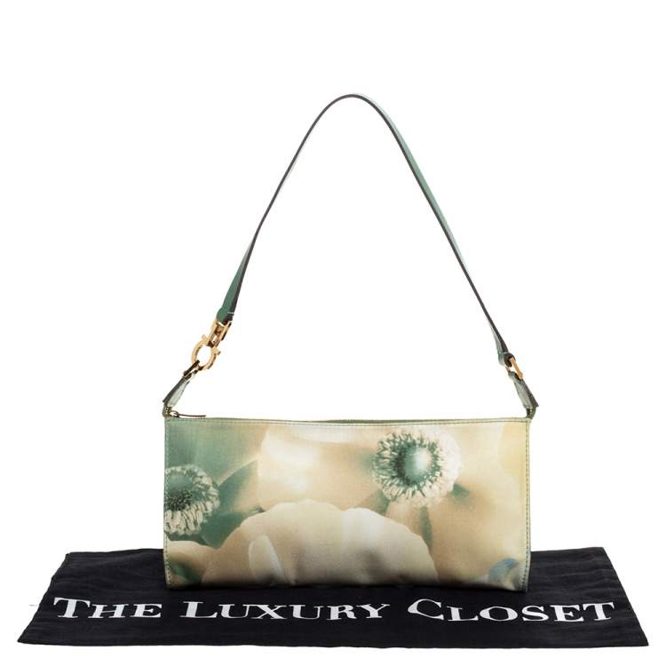 Pre Owned Salvatore Ferragamo Green Floral Nylon and Leather Pochette Bag