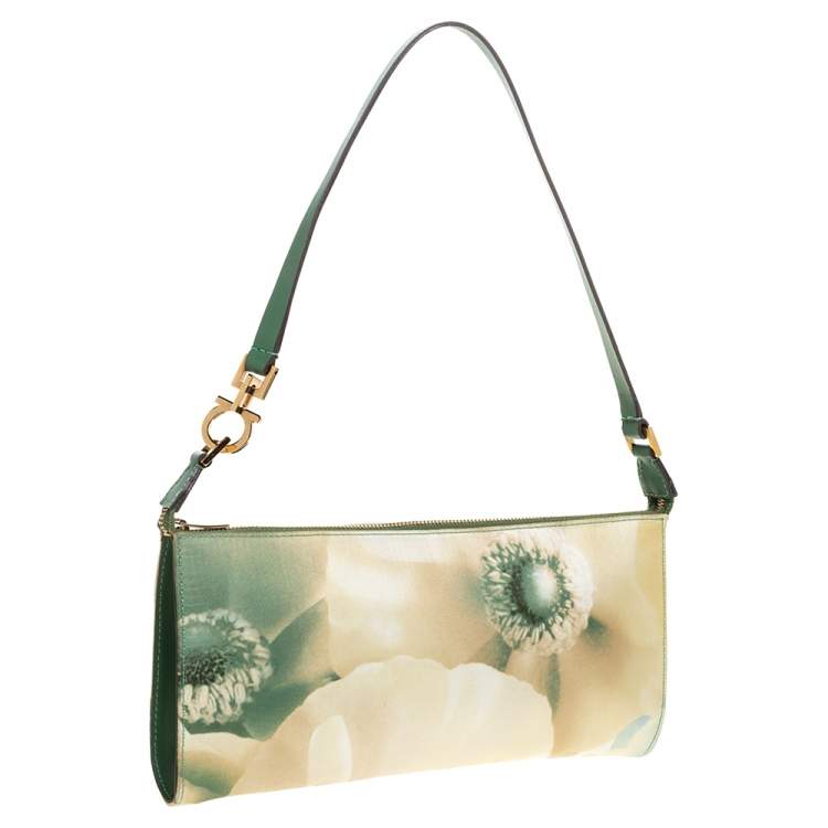 Pre Owned Salvatore Ferragamo Green Floral Nylon and Leather Pochette Bag