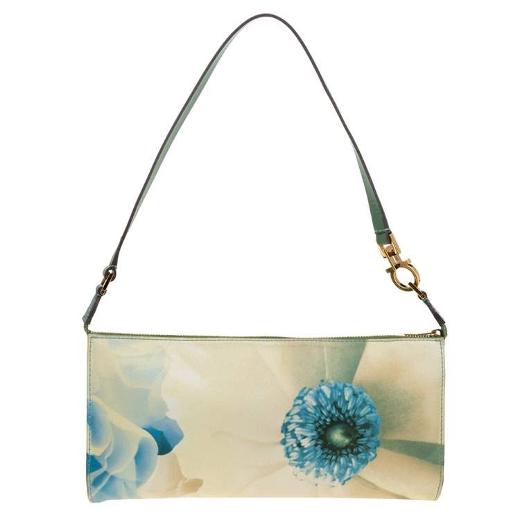 Pre Owned Salvatore Ferragamo Green Floral Nylon and Leather Pochette Bag