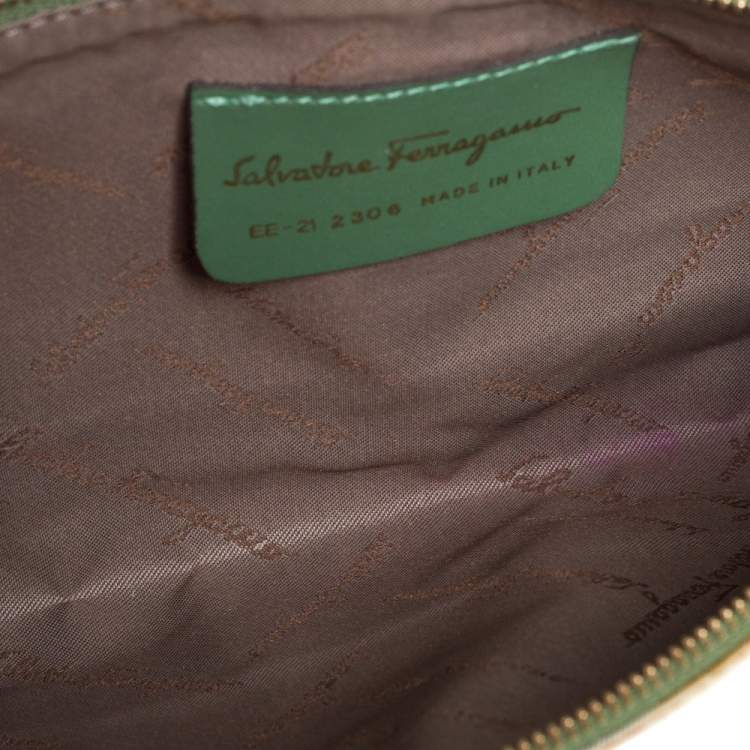 Pre Owned Salvatore Ferragamo Green Floral Nylon and Leather Pochette Bag