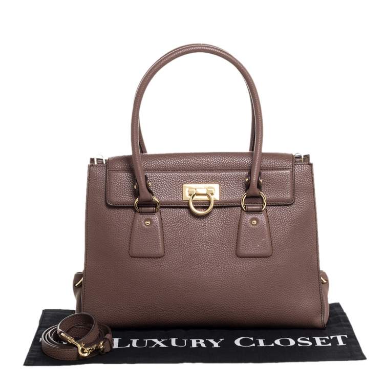 Pre Owned Salvatore Ferragamo Coffee Brown Grained Leather Lotty Top Handle Bag
