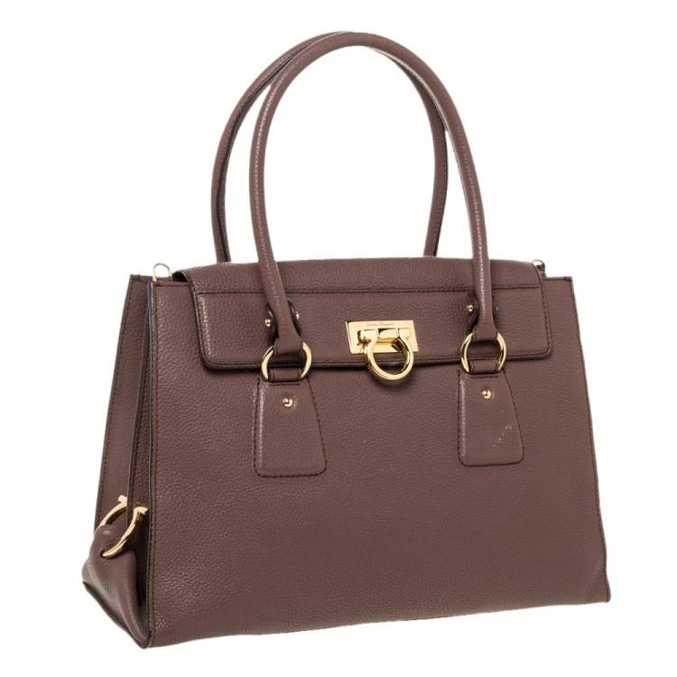 Pre Owned Salvatore Ferragamo Coffee Brown Grained Leather Lotty Top Handle Bag