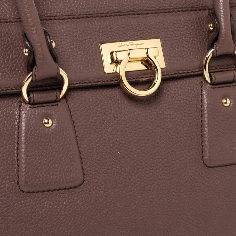 Pre Owned Salvatore Ferragamo Coffee Brown Grained Leather Lotty Top Handle Bag