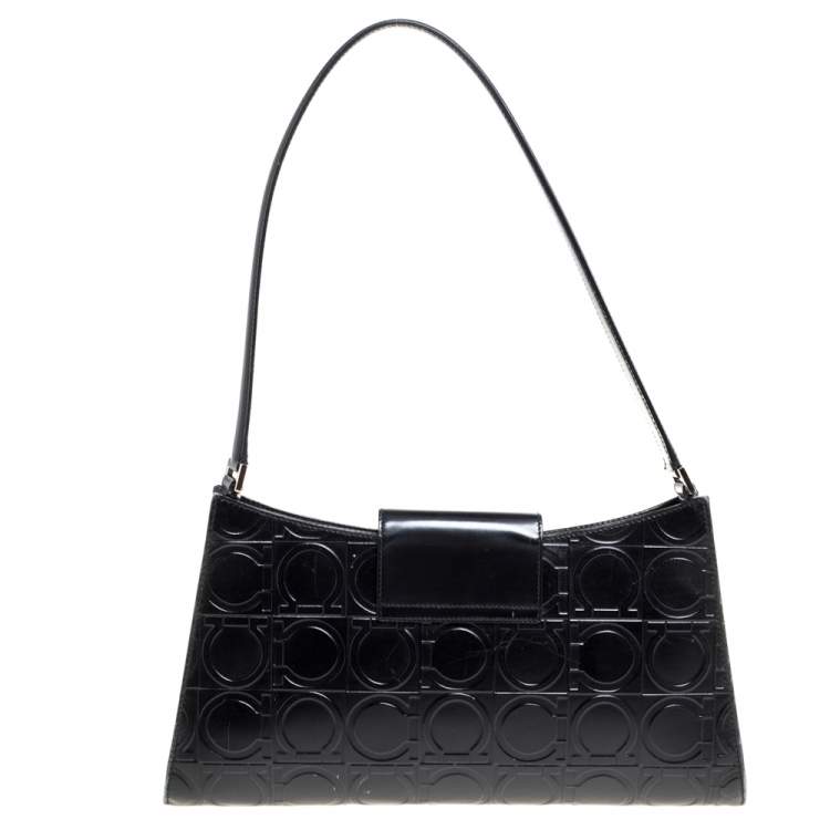 Pre Owned Salvatore Ferragamo Black Gancini Embossed Leather Flap Shoulder Bag