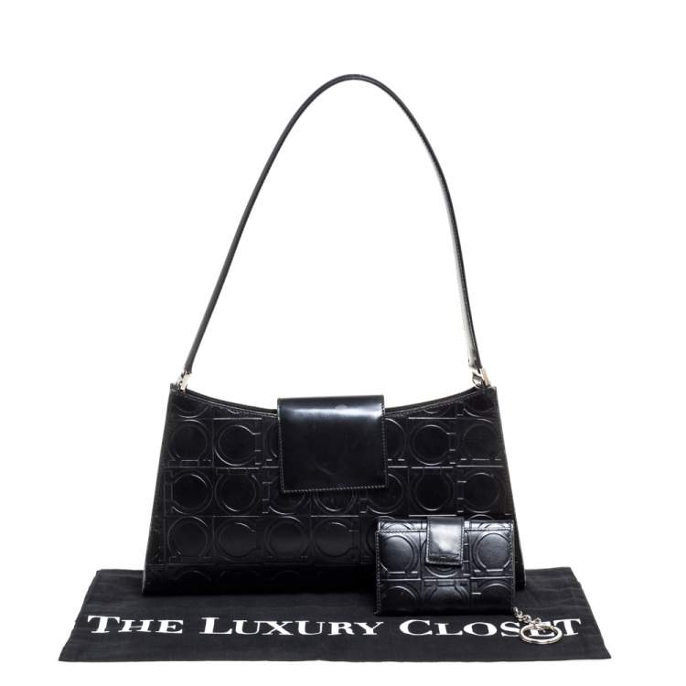Pre Owned Salvatore Ferragamo Black Gancini Embossed Leather Flap Shoulder Bag