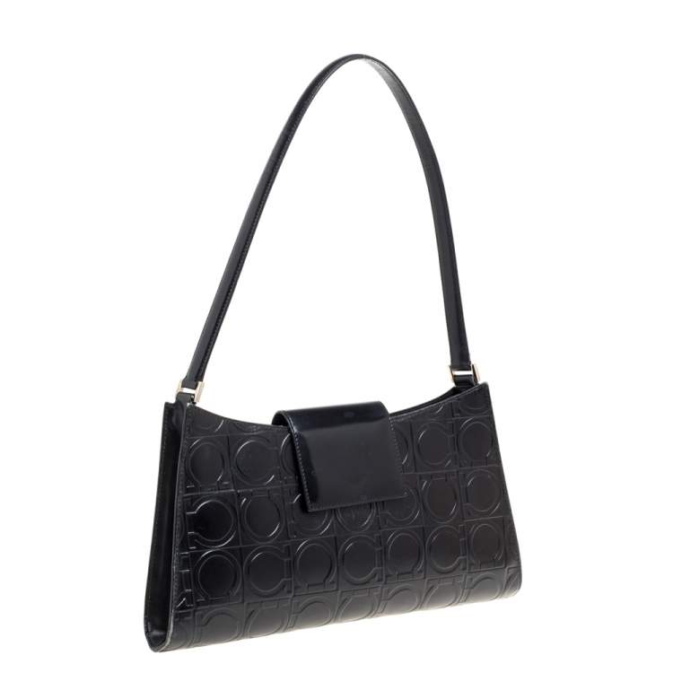 Pre Owned Salvatore Ferragamo Black Gancini Embossed Leather Flap Shoulder Bag