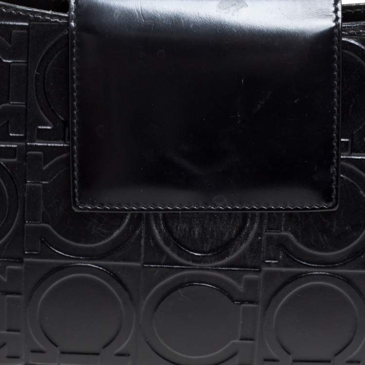 Pre Owned Salvatore Ferragamo Black Gancini Embossed Leather Flap Shoulder Bag