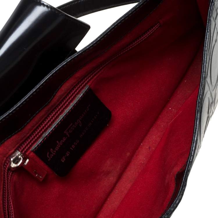 Pre Owned Salvatore Ferragamo Black Gancini Embossed Leather Flap Shoulder Bag