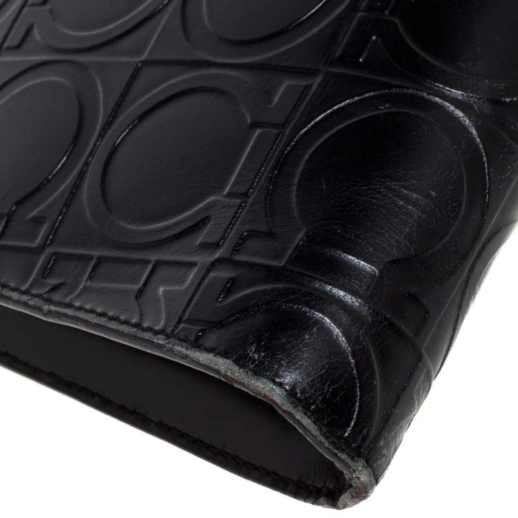 Pre Owned Salvatore Ferragamo Black Gancini Embossed Leather Flap Shoulder Bag