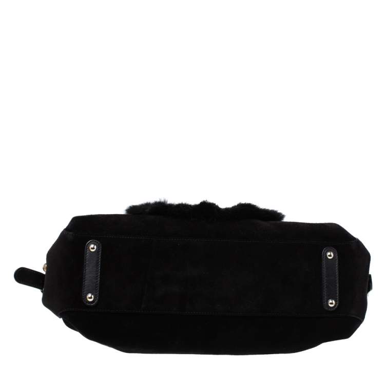 Pre Owned Salvatore Ferragamo Black Suede and Fox Fur Zip Satchel