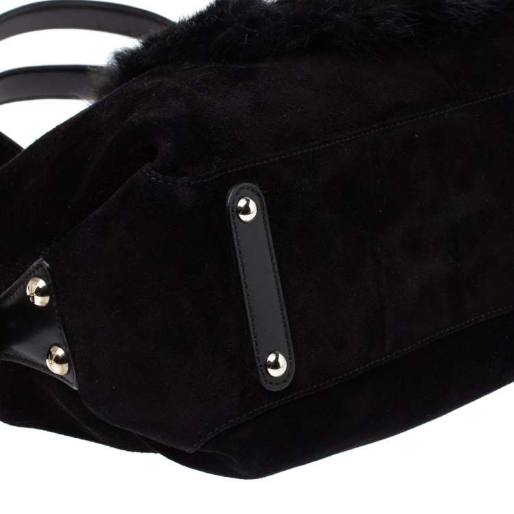 Pre Owned Salvatore Ferragamo Black Suede and Fox Fur Zip Satchel
