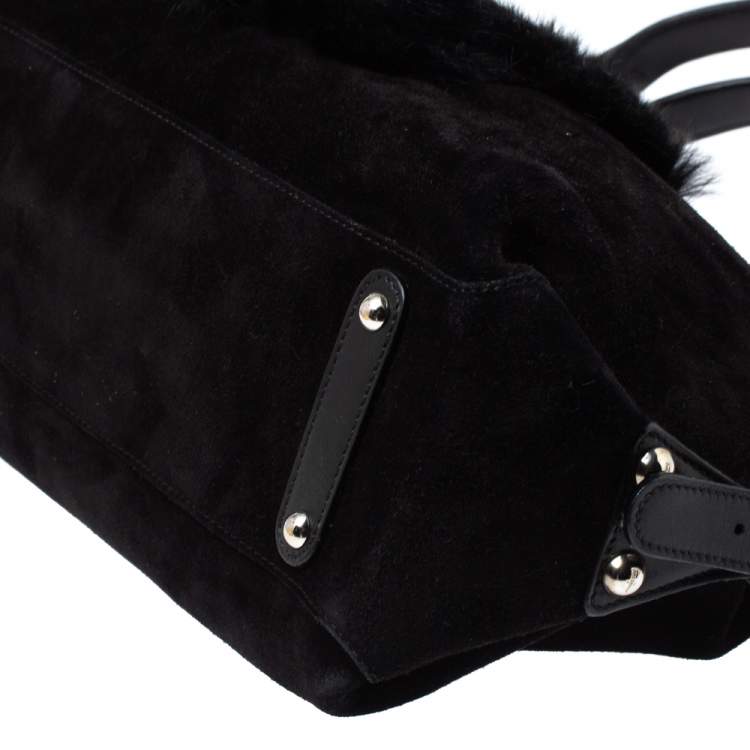 Pre Owned Salvatore Ferragamo Black Suede and Fox Fur Zip Satchel
