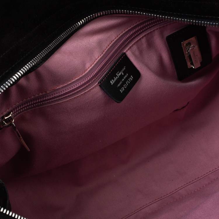 Pre Owned Salvatore Ferragamo Black Suede and Fox Fur Zip Satchel