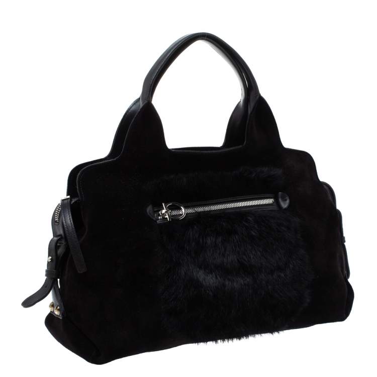 Pre Owned Salvatore Ferragamo Black Suede and Fox Fur Zip Satchel