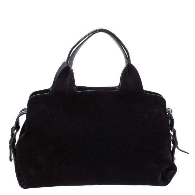 Pre Owned Salvatore Ferragamo Black Suede and Fox Fur Zip Satchel