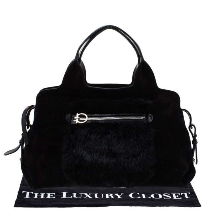Pre Owned Salvatore Ferragamo Black Suede and Fox Fur Zip Satchel