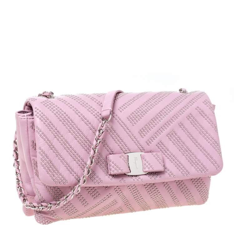 Pre Owned Salvatore Ferragamo Pink Studded Leather Ginny Shoulder Bag