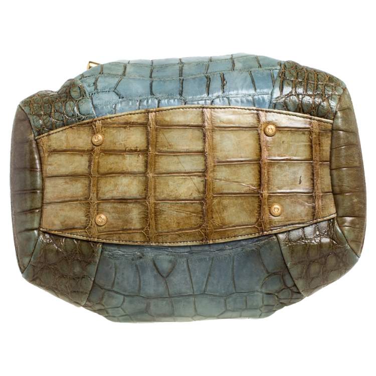 Pre Owned Salvatore Ferragamo Olive Green/Light Teal Alligator Bucket Bag 