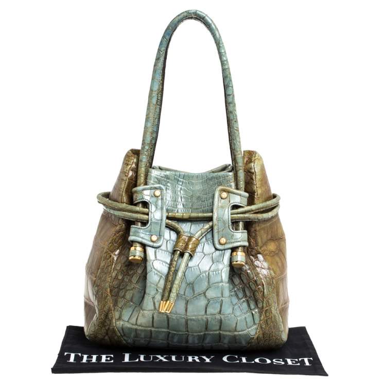 Pre Owned Salvatore Ferragamo Olive Green/Light Teal Alligator Bucket Bag 