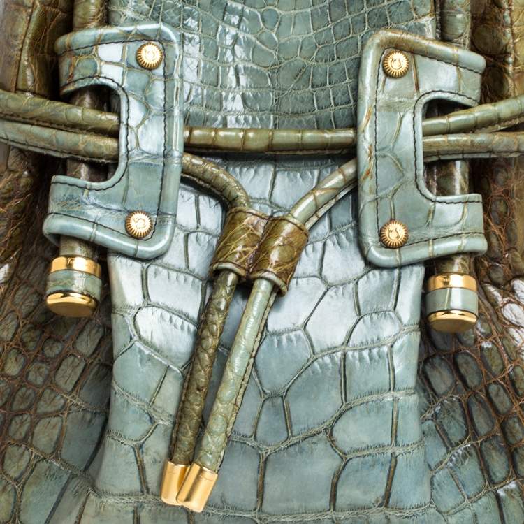 Pre Owned Salvatore Ferragamo Olive Green/Light Teal Alligator Bucket Bag 