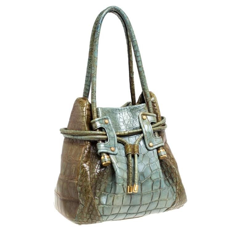 Pre Owned Salvatore Ferragamo Olive Green/Light Teal Alligator Bucket Bag 