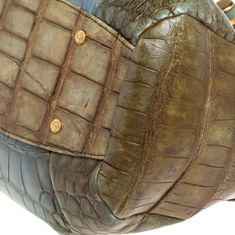 Pre Owned Salvatore Ferragamo Olive Green/Light Teal Alligator Bucket Bag 