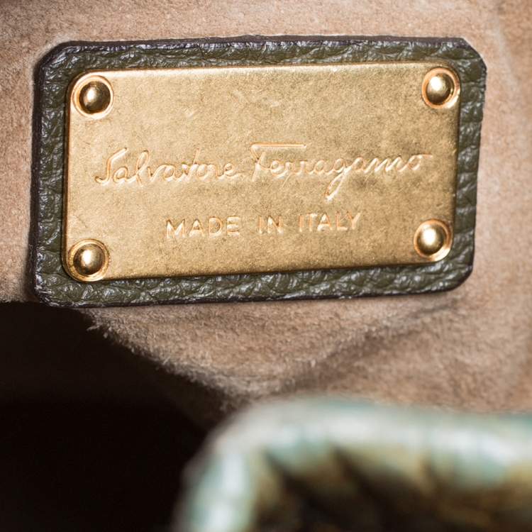 Pre Owned Salvatore Ferragamo Olive Green/Light Teal Alligator Bucket Bag 
