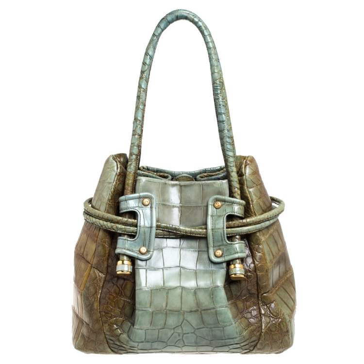Pre Owned Salvatore Ferragamo Olive Green/Light Teal Alligator Bucket Bag 