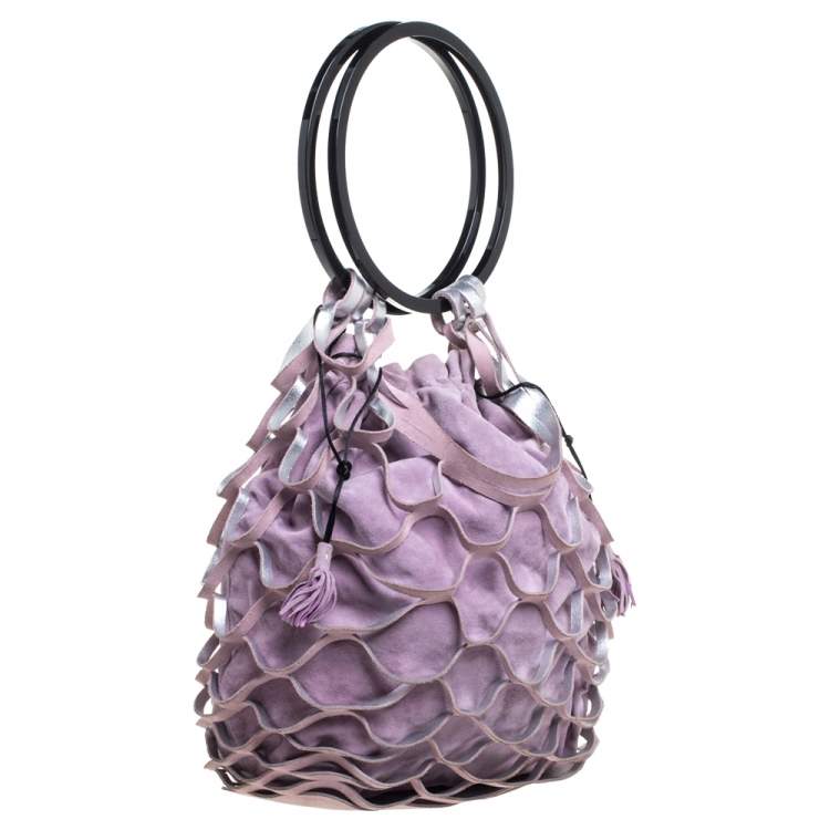 Pre Owned Salvatore Ferragamo Lavender Caged Leather and Suede Ring Handle Bag