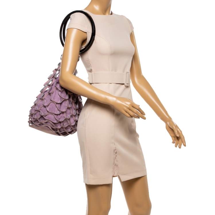 Pre Owned Salvatore Ferragamo Lavender Caged Leather and Suede Ring Handle Bag