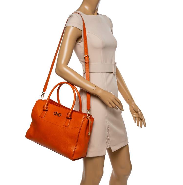 Pre Owned Salvatore Ferragamo Orange Leather Gancio Tote