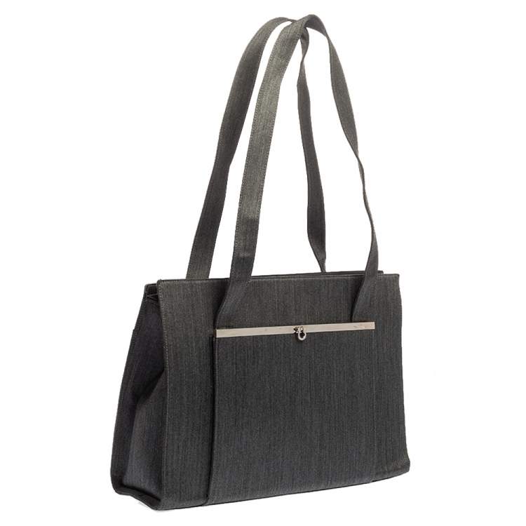 Pre Owned Salvatore Ferragamo Grey Fabric and Leather Pocket Bar Tote