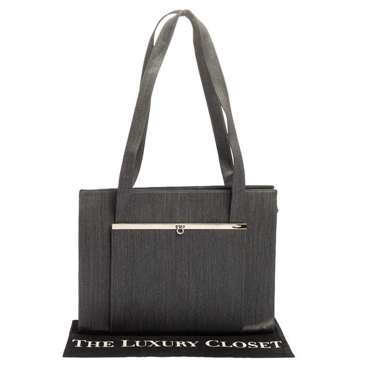 Pre Owned Salvatore Ferragamo Grey Fabric and Leather Pocket Bar Tote