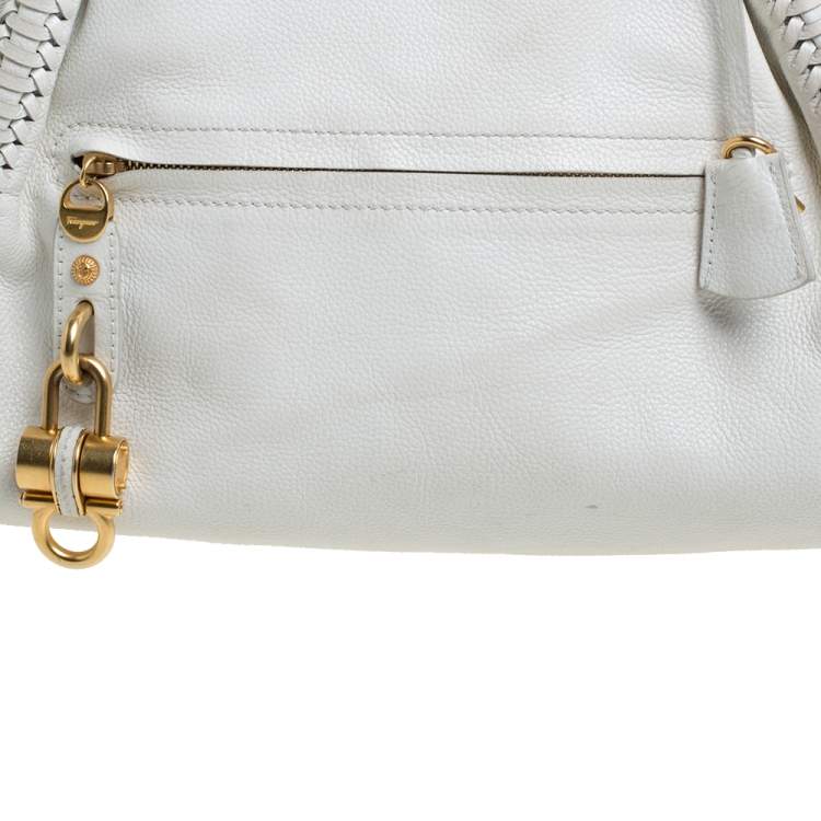 Pre Owned Salvatore Ferragamo White Leather Front Pocket Satchel