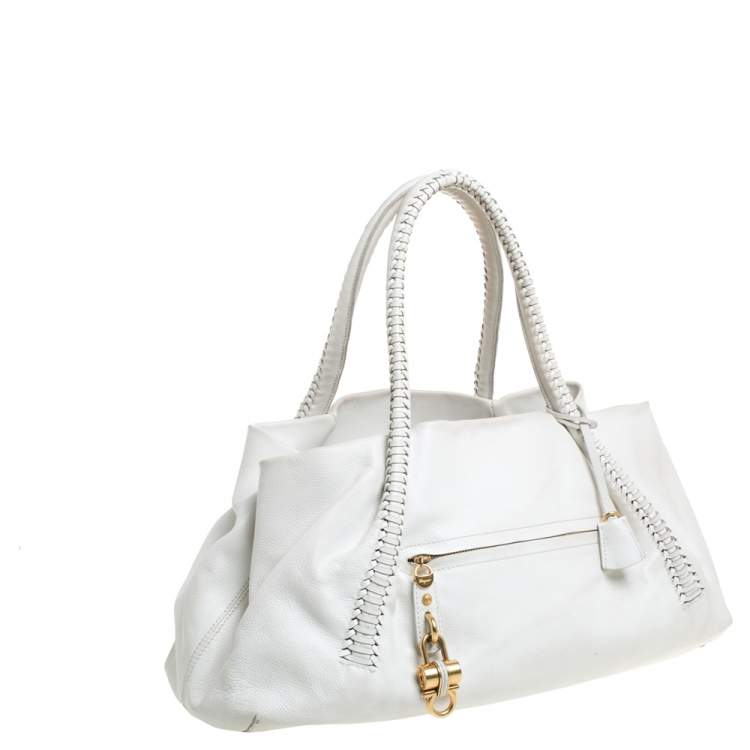 Pre Owned Salvatore Ferragamo White Leather Front Pocket Satchel