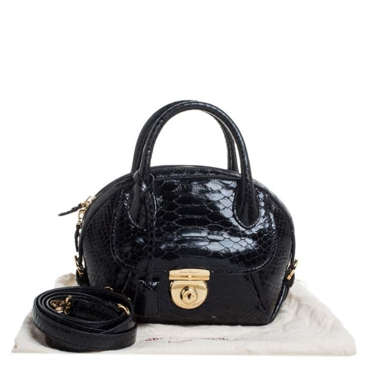 Pre Owned Salvatore Ferragamo Black Python Small Fiamma Satchel