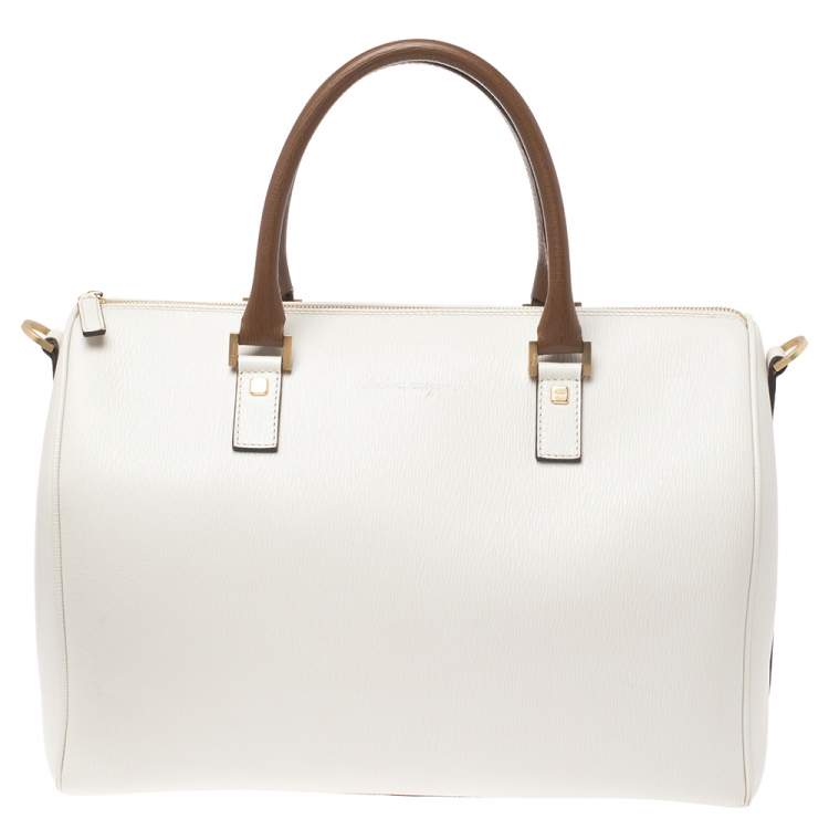 Pre Owned Salvatore Ferragamo White/Brown Leather Boston Bag