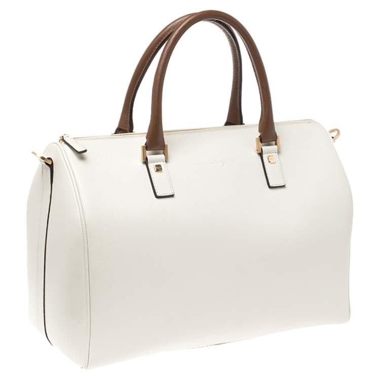 Pre Owned Salvatore Ferragamo White/Brown Leather Boston Bag