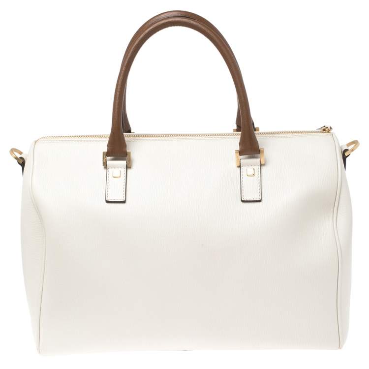Pre Owned Salvatore Ferragamo White/Brown Leather Boston Bag