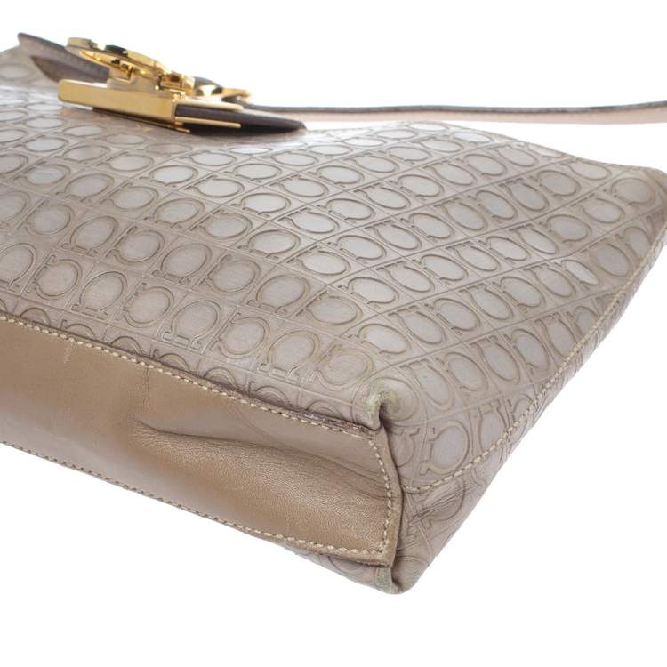 Pre Owned Salvatore Ferragamo Beige/Grey Gancini Embossed Leather Gancio Flap Shoulder Bag
