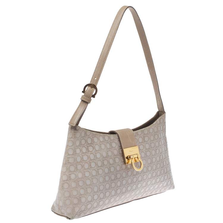 Pre Owned Salvatore Ferragamo Beige/Grey Gancini Embossed Leather Gancio Flap Shoulder Bag