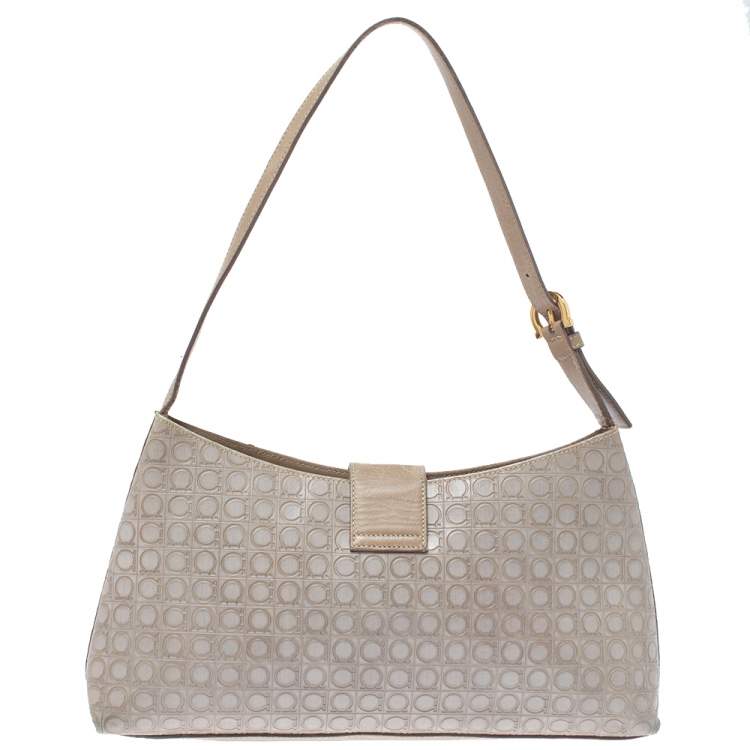 Pre Owned Salvatore Ferragamo Beige/Grey Gancini Embossed Leather Gancio Flap Shoulder Bag