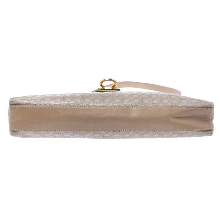 Pre Owned Salvatore Ferragamo Beige/Grey Gancini Embossed Leather Gancio Flap Shoulder Bag