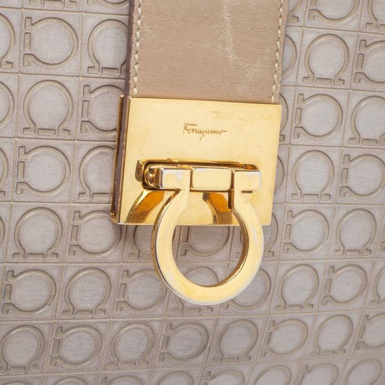 Pre Owned Salvatore Ferragamo Beige/Grey Gancini Embossed Leather Gancio Flap Shoulder Bag
