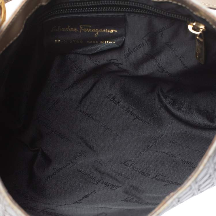 Pre Owned Salvatore Ferragamo Beige/Grey Gancini Embossed Leather Gancio Flap Shoulder Bag