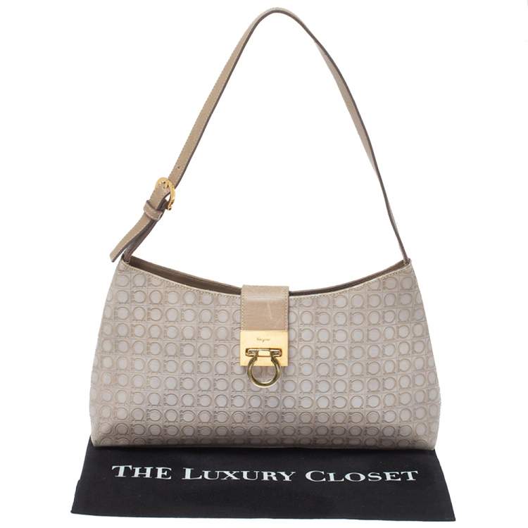 Pre Owned Salvatore Ferragamo Beige/Grey Gancini Embossed Leather Gancio Flap Shoulder Bag