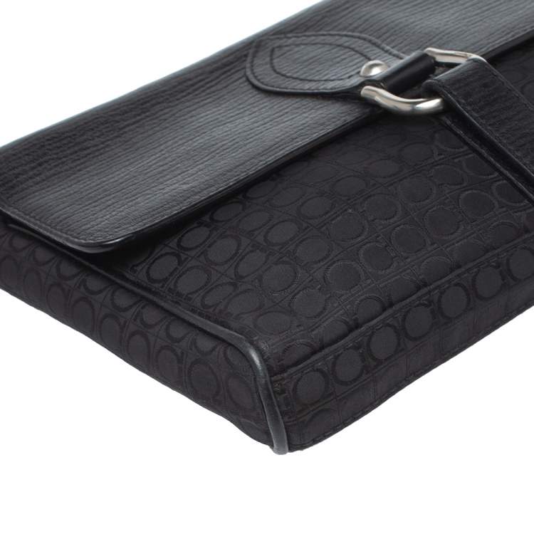 Pre Owned Salvatore Ferragamo Black Gancio Print Fabric and Leather Velcro Strap Flap Wristlet Clutch